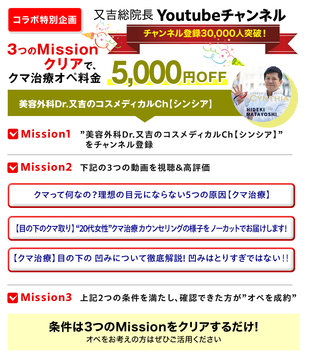 又吉総院長Youtubeチャンネル　Missionクリアで5,000円OFF